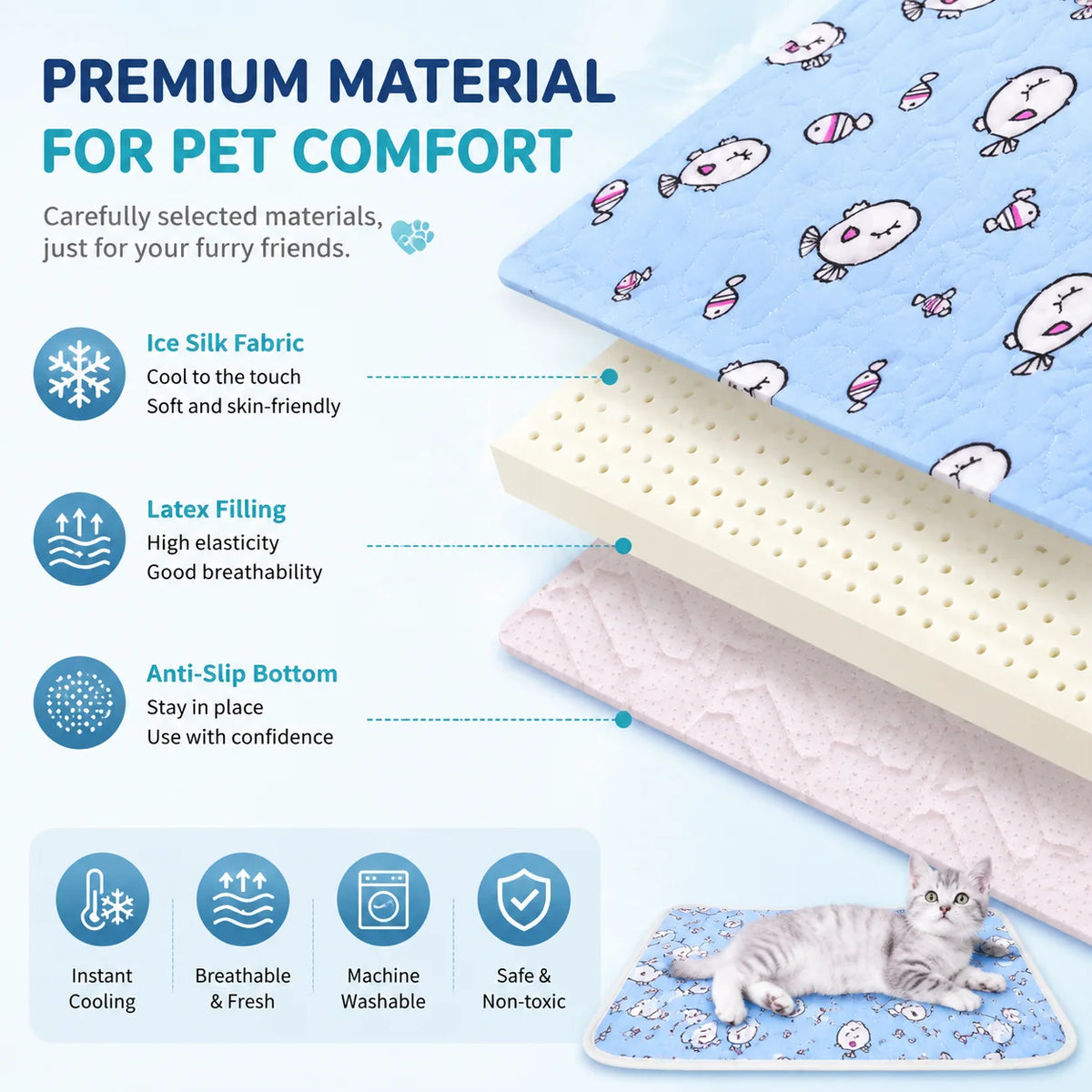 A pet cooling mat featuring ice silk fabric, latex filling, and an anti-slip bottom for pet comfort.