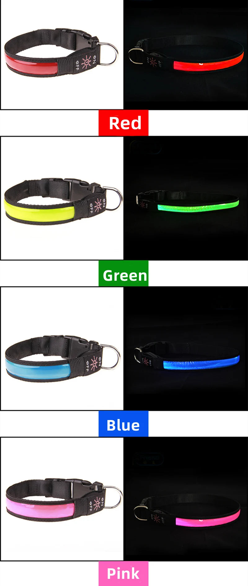 A collection of five USB rechargeable LED glow dog collars in Red, Green, Blue, and Pink colors.