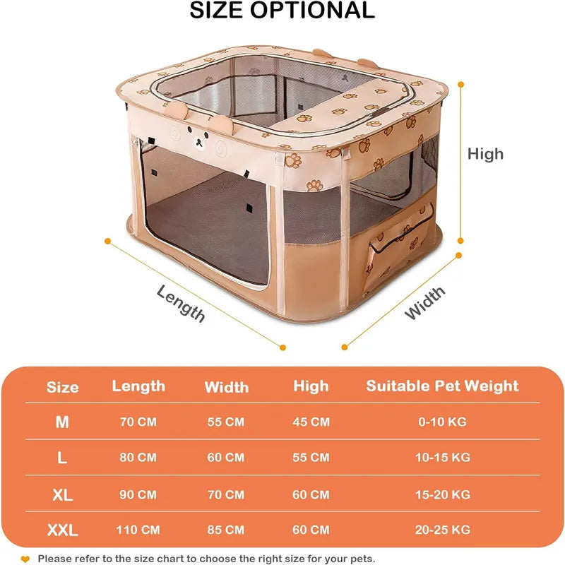 Cage portable pliable beige pour animaux de compagnie avec fenêtre transparente et sac de transport, vue de dessus.