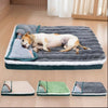 A gray fleece dog bed with a light brown dog lying on it, shown alongside various colored detachable covers.