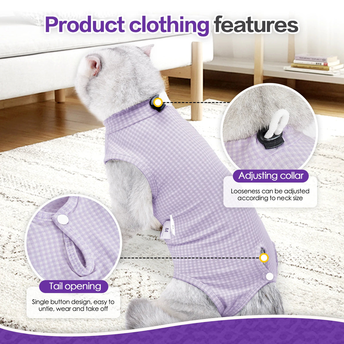 A light purple professional cat recovery suit for a cat, showing features like an adjusting collar and tail opening.