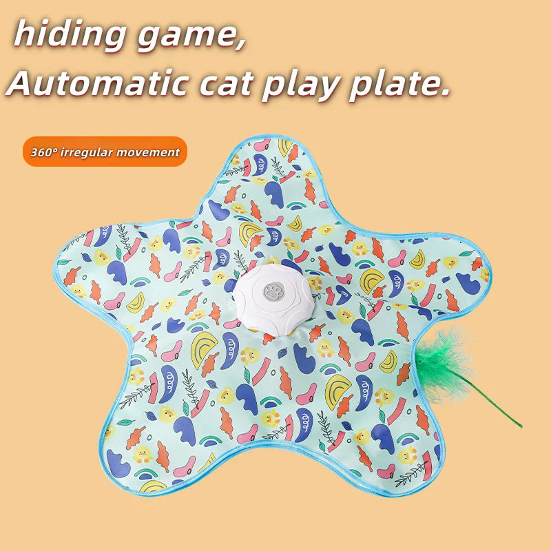 Assiette jouet en forme d'étoile bleue clair pour chat avec diverses formes colorées et une balle rose.