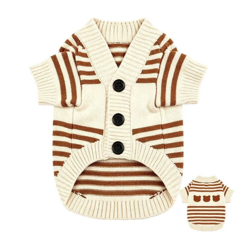 A beige and brown striped cardigan sweater for small dogs and cats