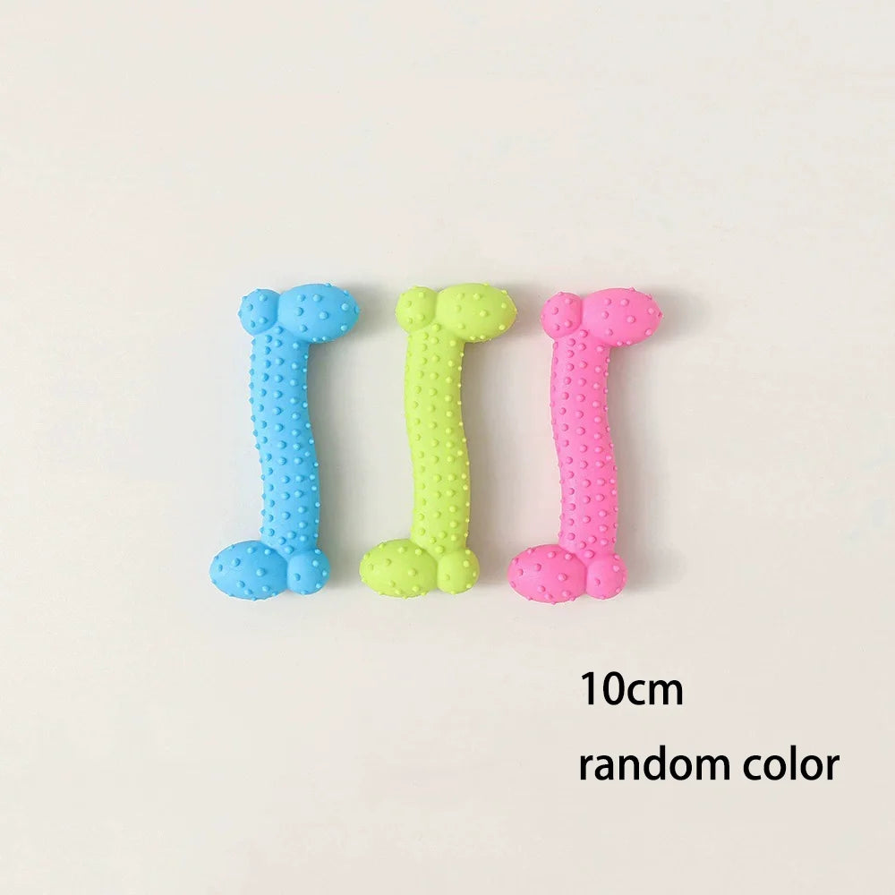 Three bone-shaped rubber chew toys in blue, green, and pink for small dogs