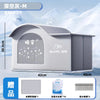 A gray cat cooling house designed for pets, shown in a side view with dimensions and accessories.