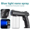 A black nano spray gun and a clear bottle of blue light fog liquid are shown.