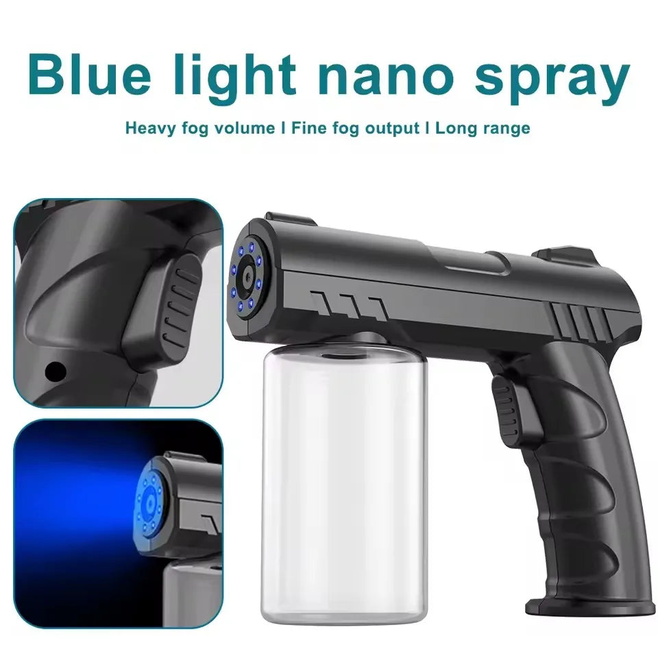 A black nano spray gun and a clear bottle of blue light fog liquid are shown.
