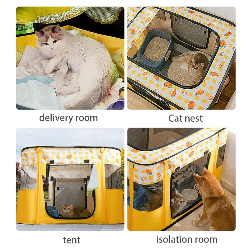 Various setups of a folding cozy cat tent bed including a delivery room, cat nest, tent, and isolation room.