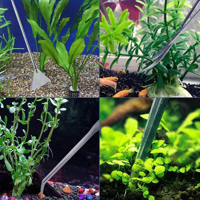 Edelstahl-Aquarienflegetoolsatz mit verschiedenen Reinigungswerkzeugen für Fischbecken.