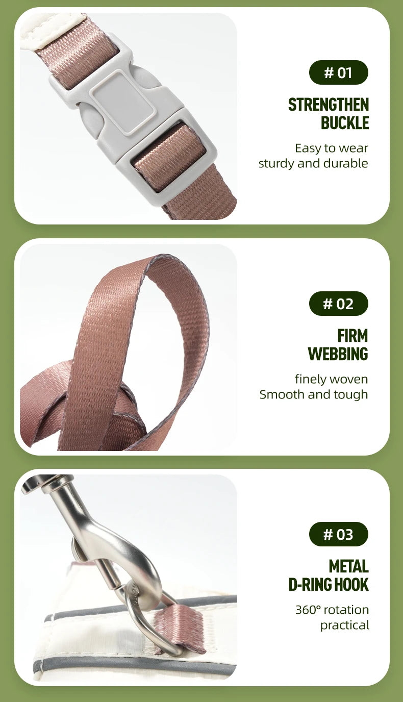 Three features of an escape-proof harness set: strengthened buckle, firm webbing, and a metal D-ring hook.