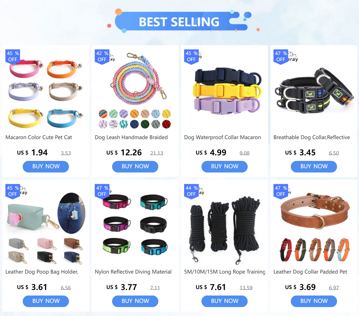 A collection of various dog collars including colored nylon, reflective, and leather types for dogs.