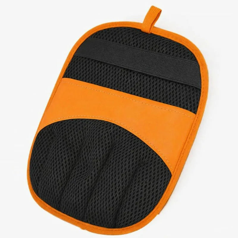 Reusable pet hair removal gloves in orange and black with a flexible design.
