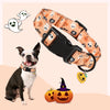 An orange Halloween pet collar with a black anti-bite neck cover and bell, shown next to a dog.