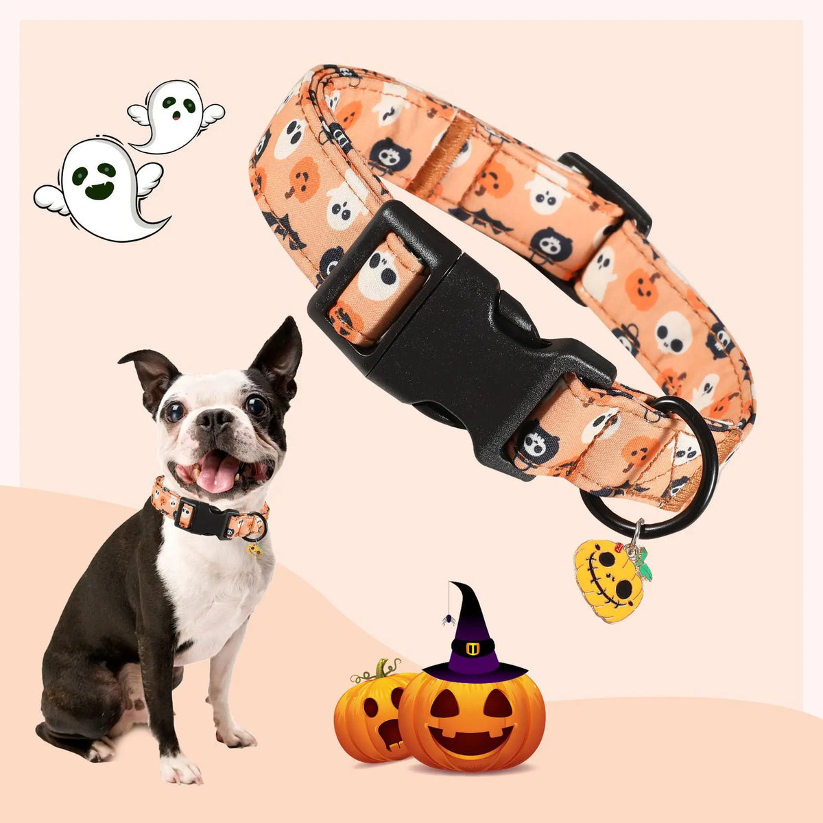 An orange Halloween pet collar with a black anti-bite neck cover and bell, shown next to a dog.