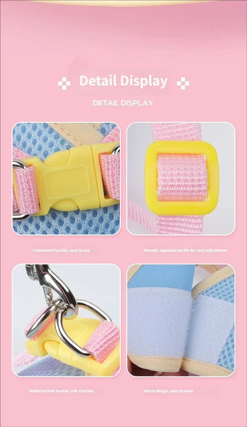 A yellow breathable harness for cats and small dogs shown with a metal traction buckle and Velcro design.