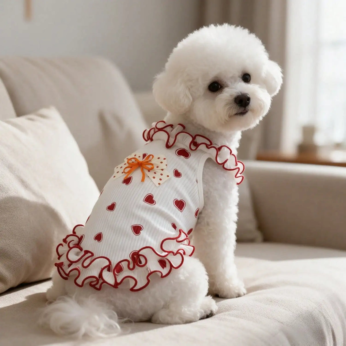 A white poodle wearing a red heart bow ruffle sleeveless tank top sitting on a light sofa.