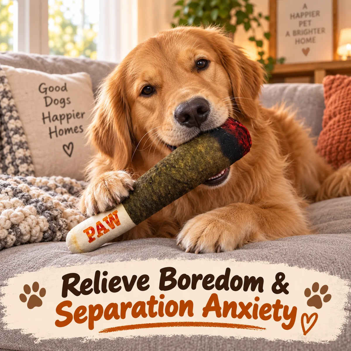 A golden retriever is playing with a brown and red squeaky cigar-shaped plush dog toy on a gray couch.