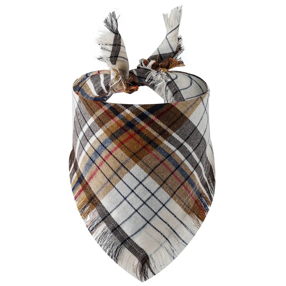 A plaid fabric bandana featuring brown, tan, gray, and blue tones with fringed edges.