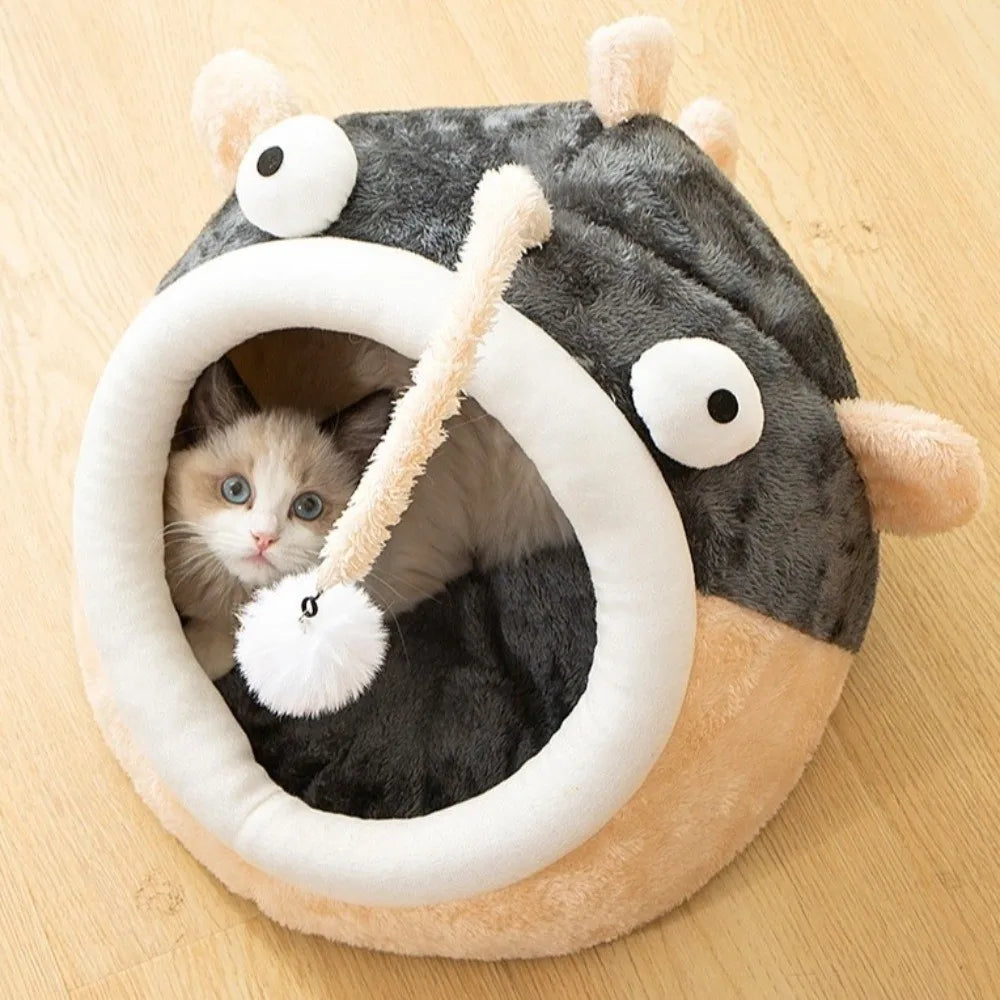 Cozy Cave Cat Bed with Lantern Fish Design