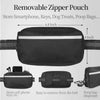 Black removable zipper pouch for storing items like smartphones keys and poop bags attached to a belt.