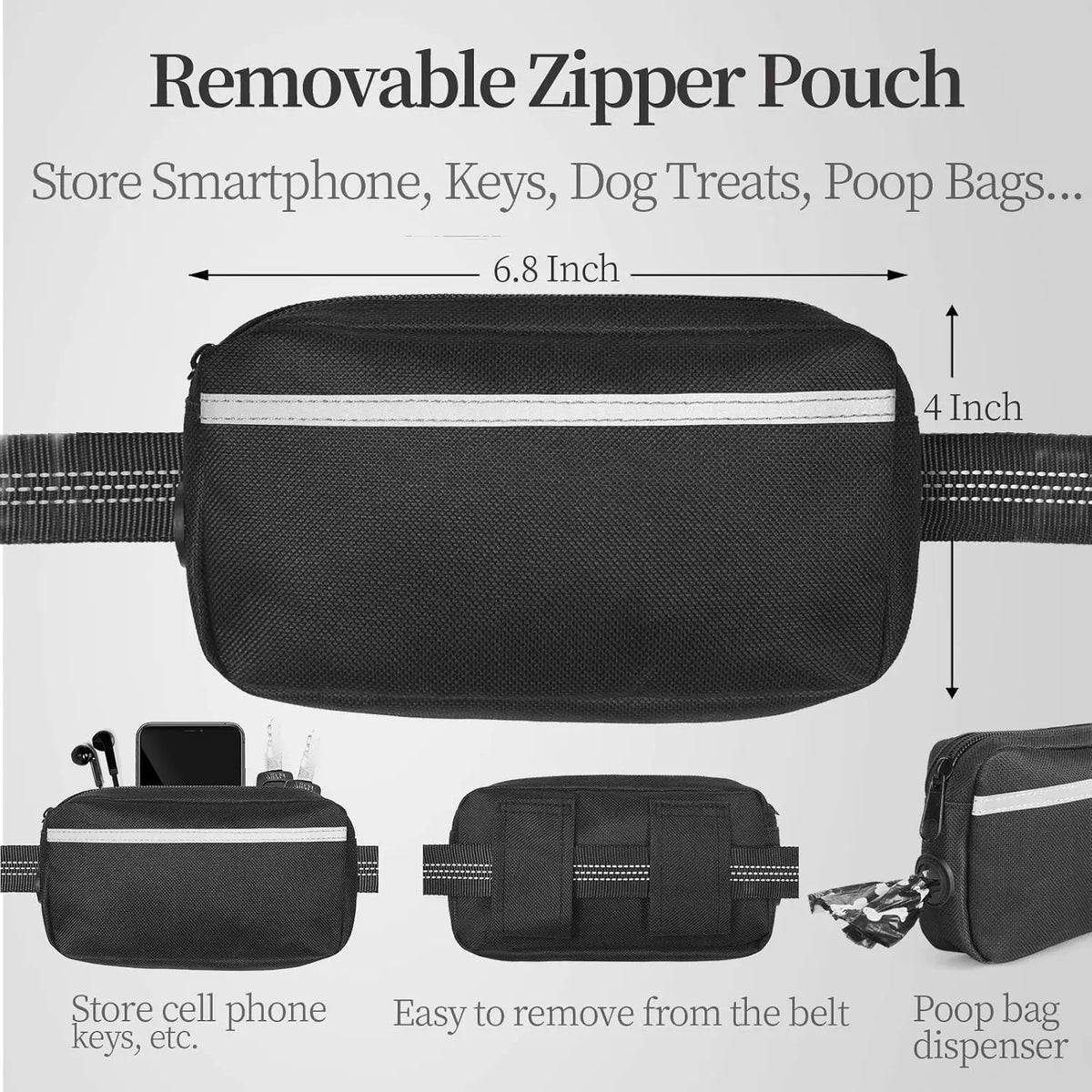 Black removable zipper pouch for storing items like smartphones keys and poop bags attached to a belt.
