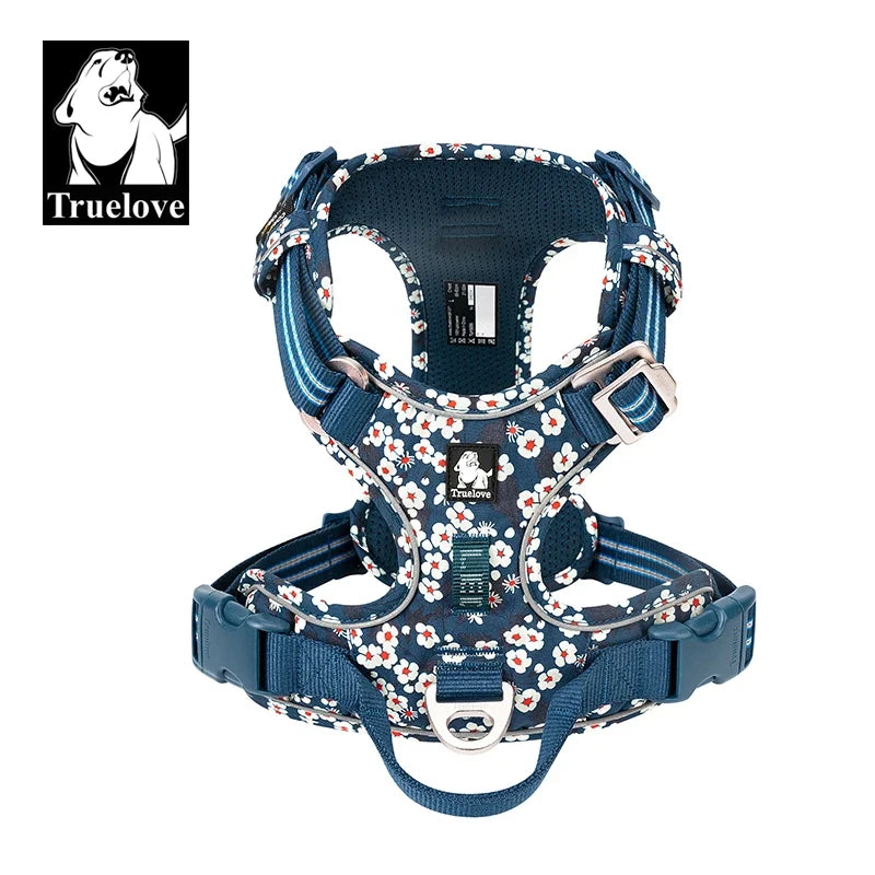 Blasse Nylon-Hundgeschirr mit weißen Blumenmustern und reflektierendem Zierrand.