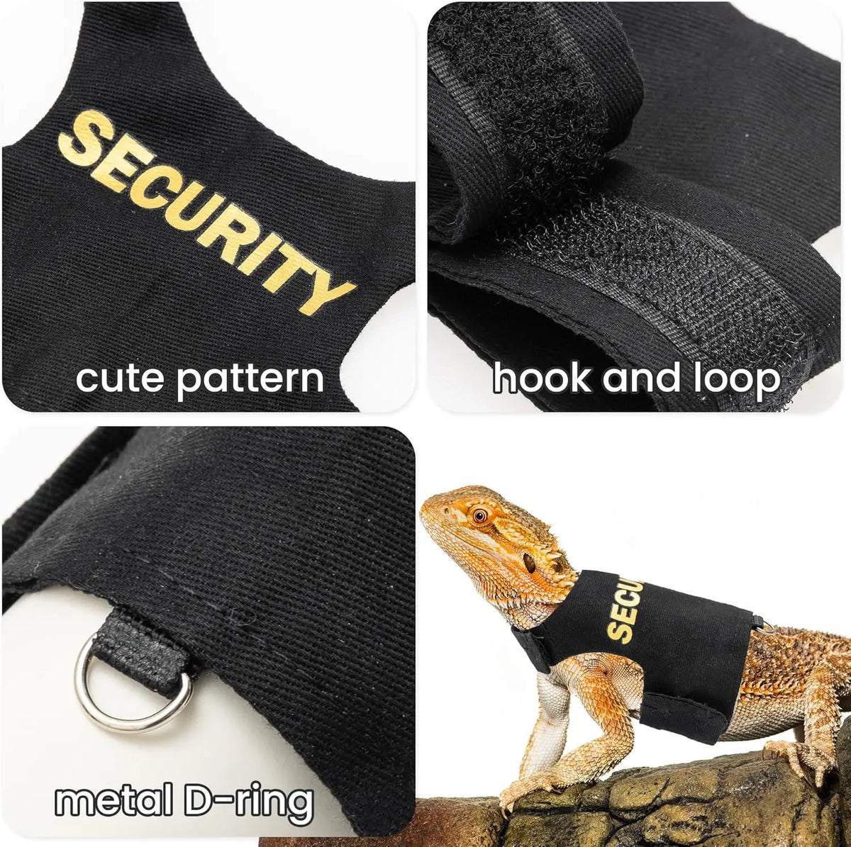 Schwarzes, verstellbares Harness und Leine-Set für einen Bearded Dragon mit niedlichem Muster, Hook-and-Loop und D-Ring.