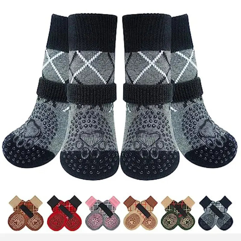 Anti-Slip Knitted Dog Socks with Adjustable Straps (4-Pack)