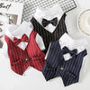 A collection of elegant striped tuxedo pet outfits for dogs and cats, featuring red, navy, and white patterns.