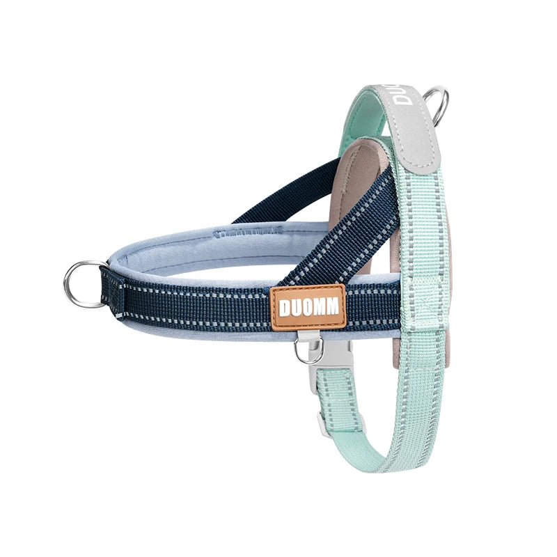 A light green and beige durable reflective dog harness for outdoor walks.
