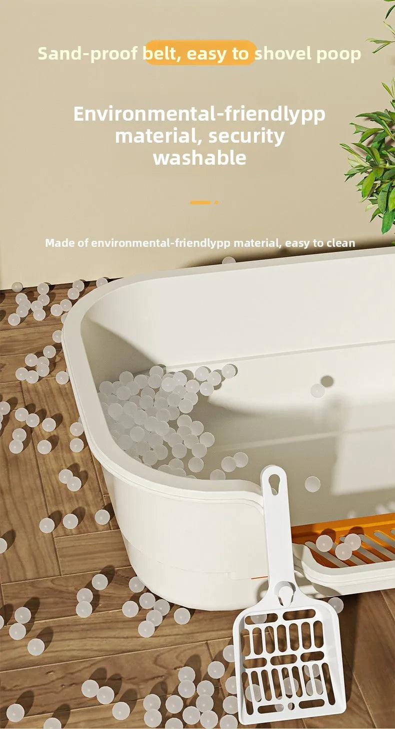 A white semi-enclosed cat litter box with a removable grate and loose litter visible inside.