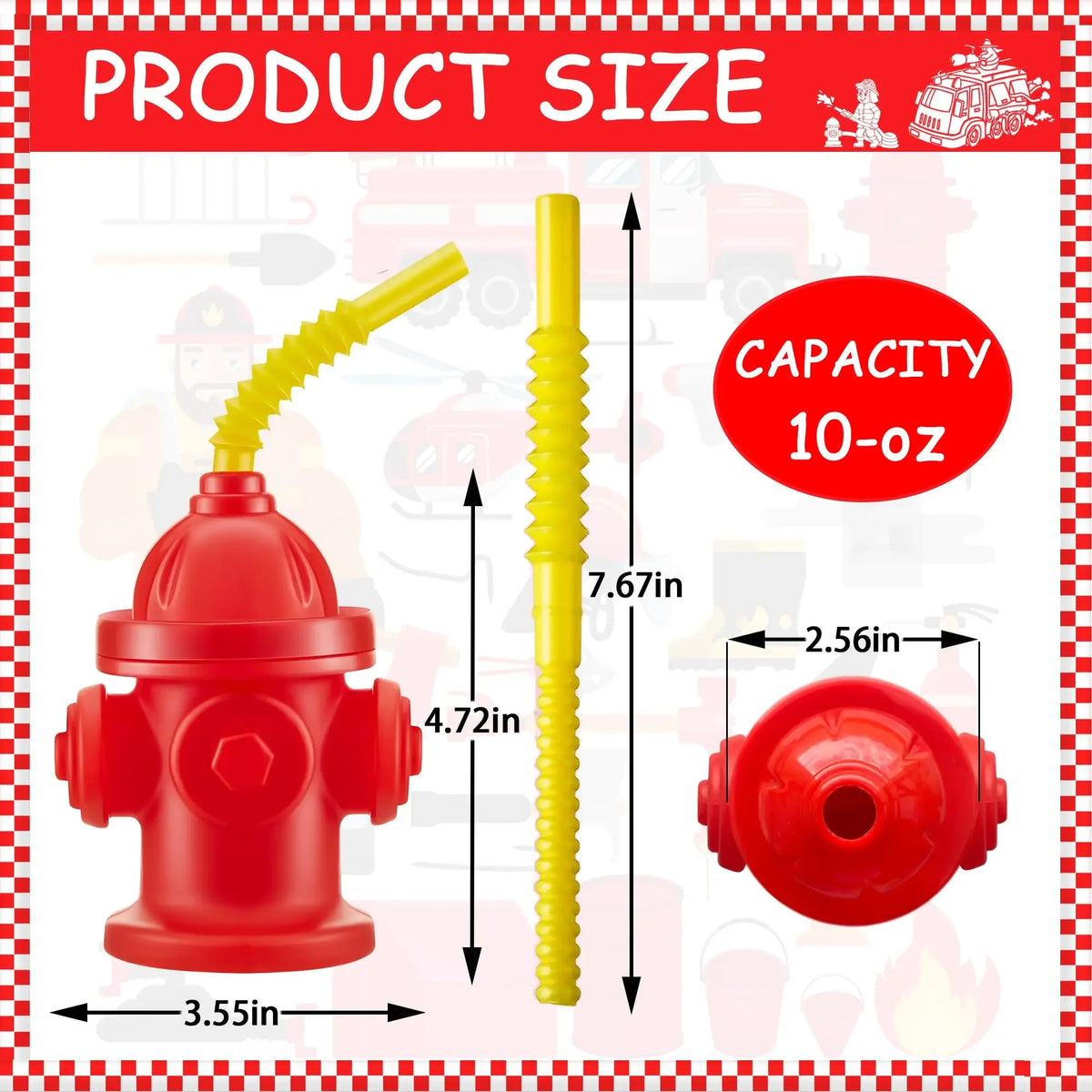 Red fire hydrant shaped straw cups with yellow straws and lids for parties