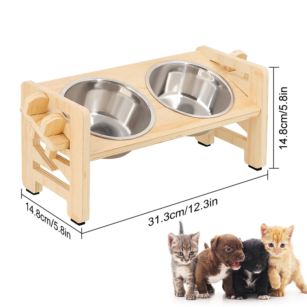 Wooden elevated puppy bowls with a tilted stand and food mat for feeding pets.