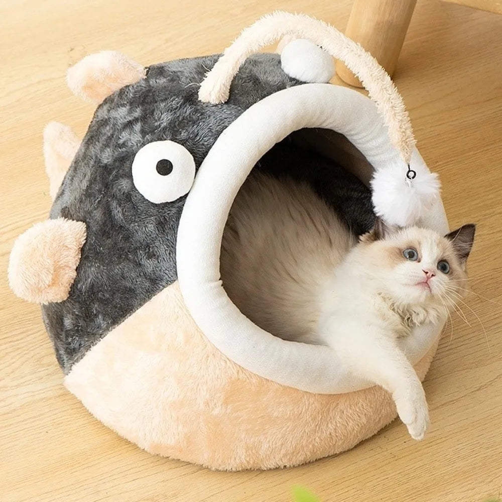Cozy Cave Cat Bed with Lantern Fish Design