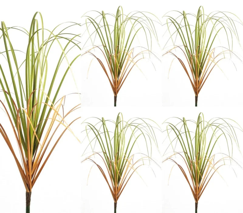 Four views of a simulated onion grass garden decoration showing various shades of green and brown foliage.