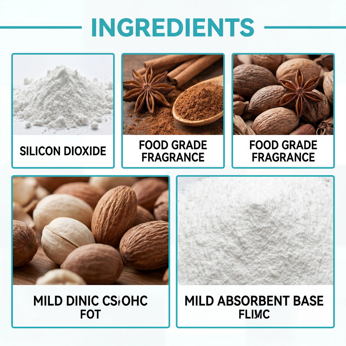 Ingredients for gentle pet ear cleaning powder including silicon dioxide, food grade fragrance, and mild absorbent base.