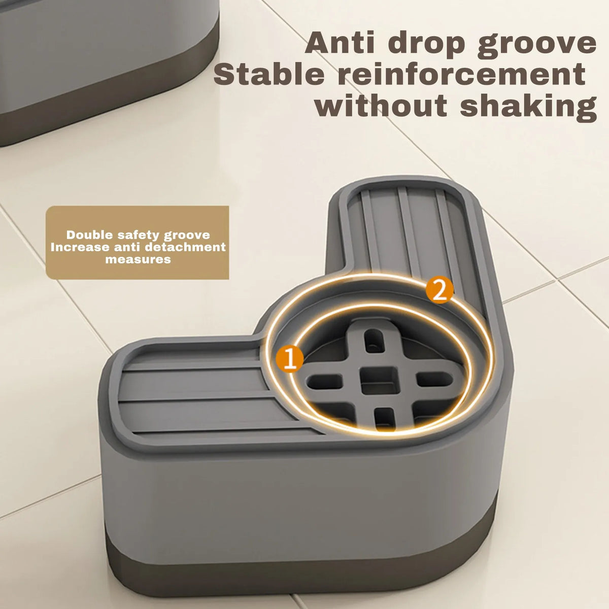 A gray silicone anti-drop groove reinforcement pad for a washing machine, showing the double safety groove design.
