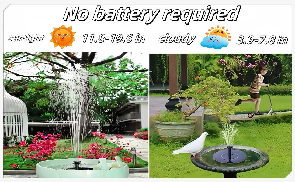 A solar-powered floating fountain pump is shown operating in a garden setting, creating a spray for bird baths and ponds.