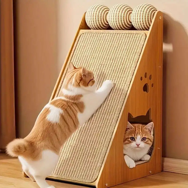 A fluffy orange and white cat is using a wooden scratching board with a woven rope surface for scratching.