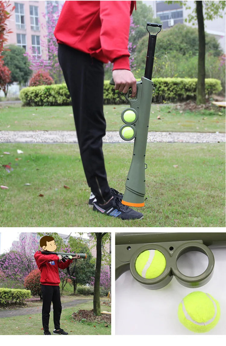 A person holds a green interactive pet ball launcher with two yellow balls, demonstrating the product.