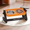 An orange adjustable raised cat bowl with a stand is shown on a light wooden floor.