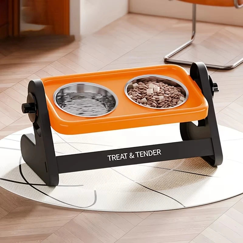 An orange adjustable raised cat bowl with a stand is shown on a light wooden floor.
