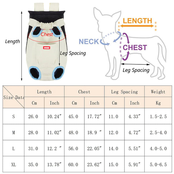 Diagram showing dimensions of a breathable pet backpack carrier for cats and puppies, including length, chest, and leg space