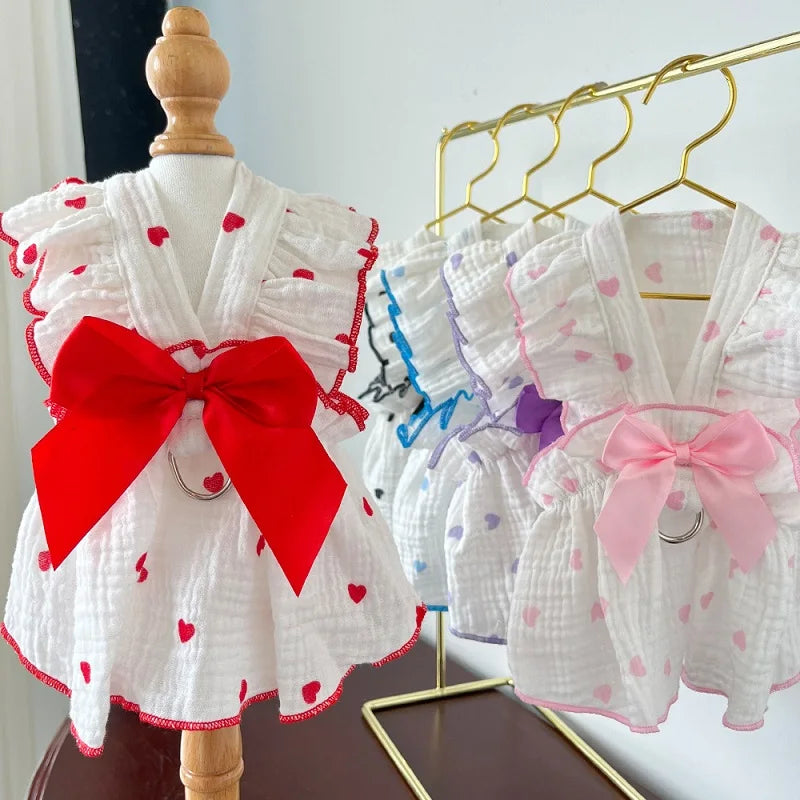 Cool Cotton Summer Dress for Small Dogs with Bow Print