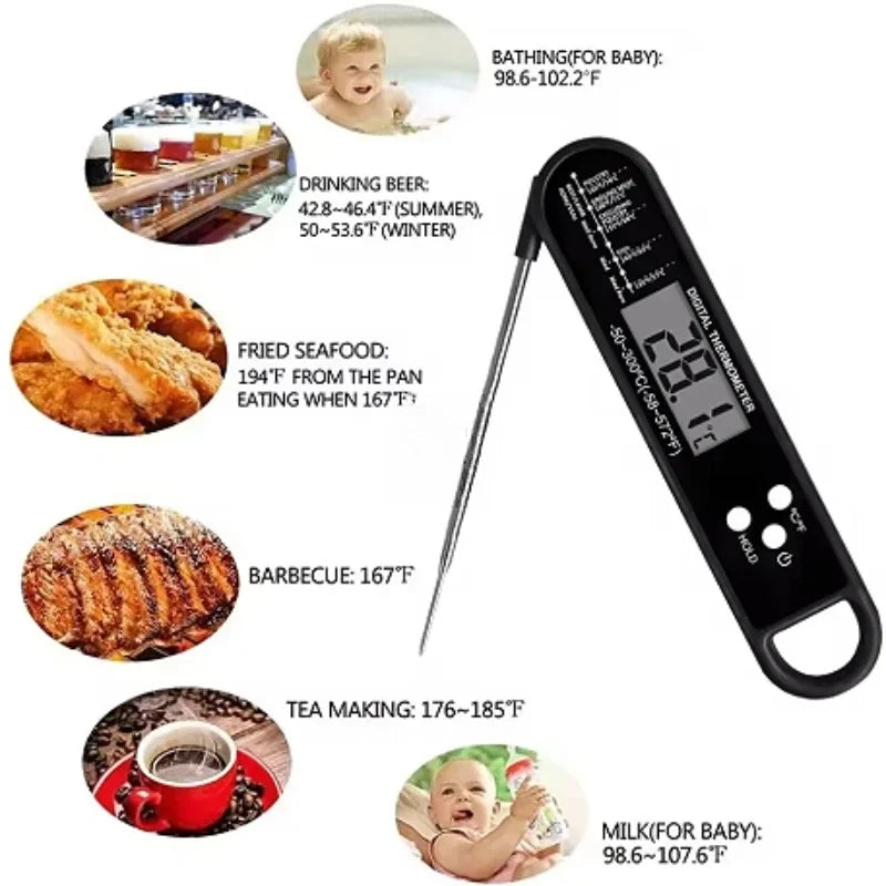 Instant read digital meat thermometer showing various food temperatures and baby temperature readings.