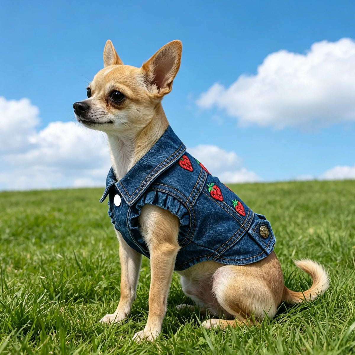 Un chien brun clair portant une veste en denim avec des broderies de fraises, assis dans l'herbe verte sous un ciel bleu.