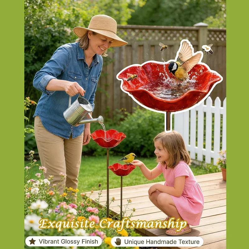 A woman is pouring water into a flower-shaped outdoor bird bath, with a child nearby.