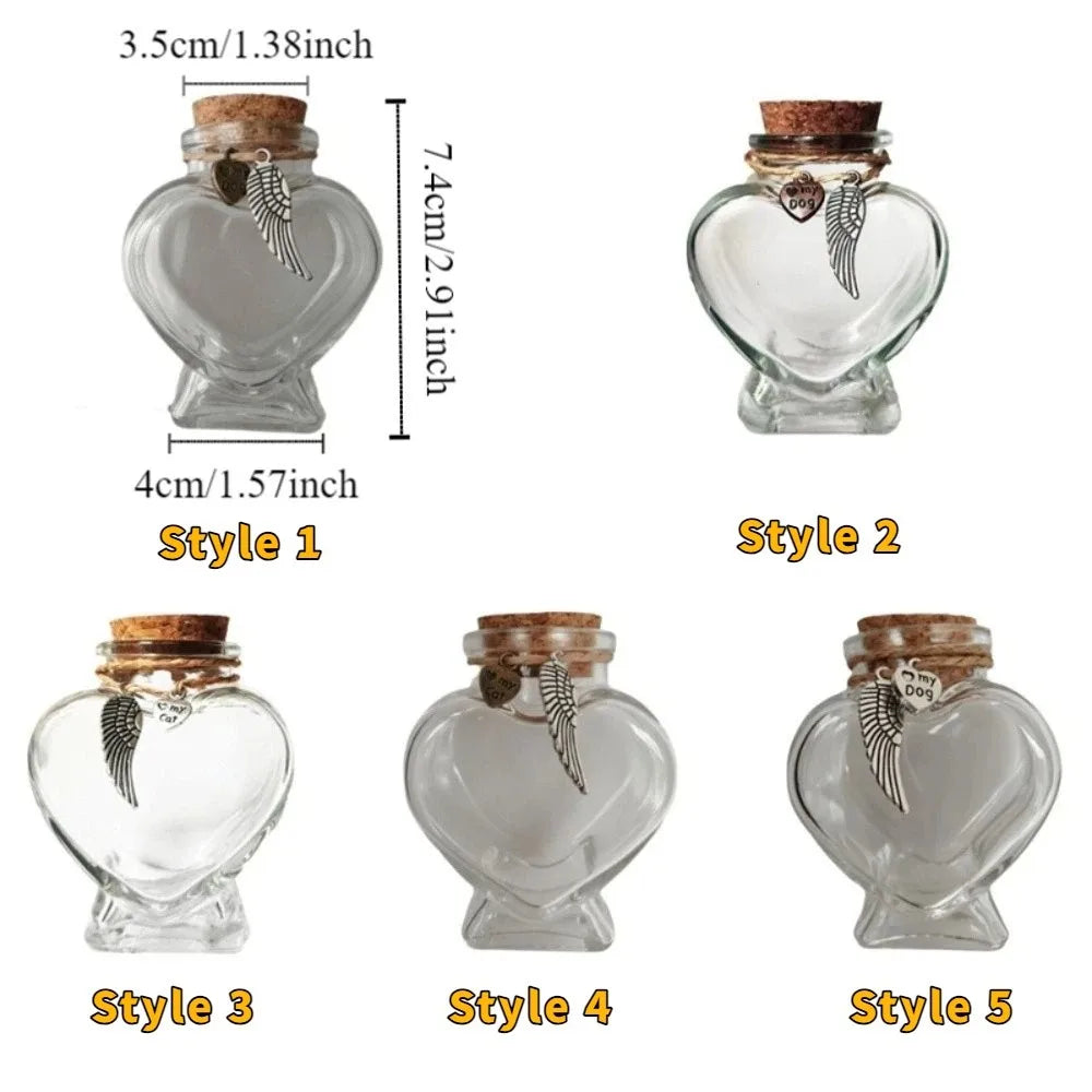 Five styles of heart-shaped glass jars for pet hair storage, showing different designs and sizes.