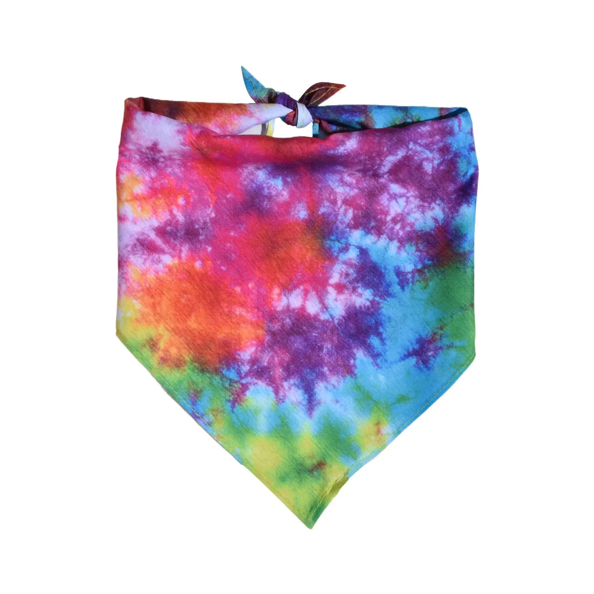 A colorful tie-dye dog bandana featuring shades of red, purple, blue, and green.