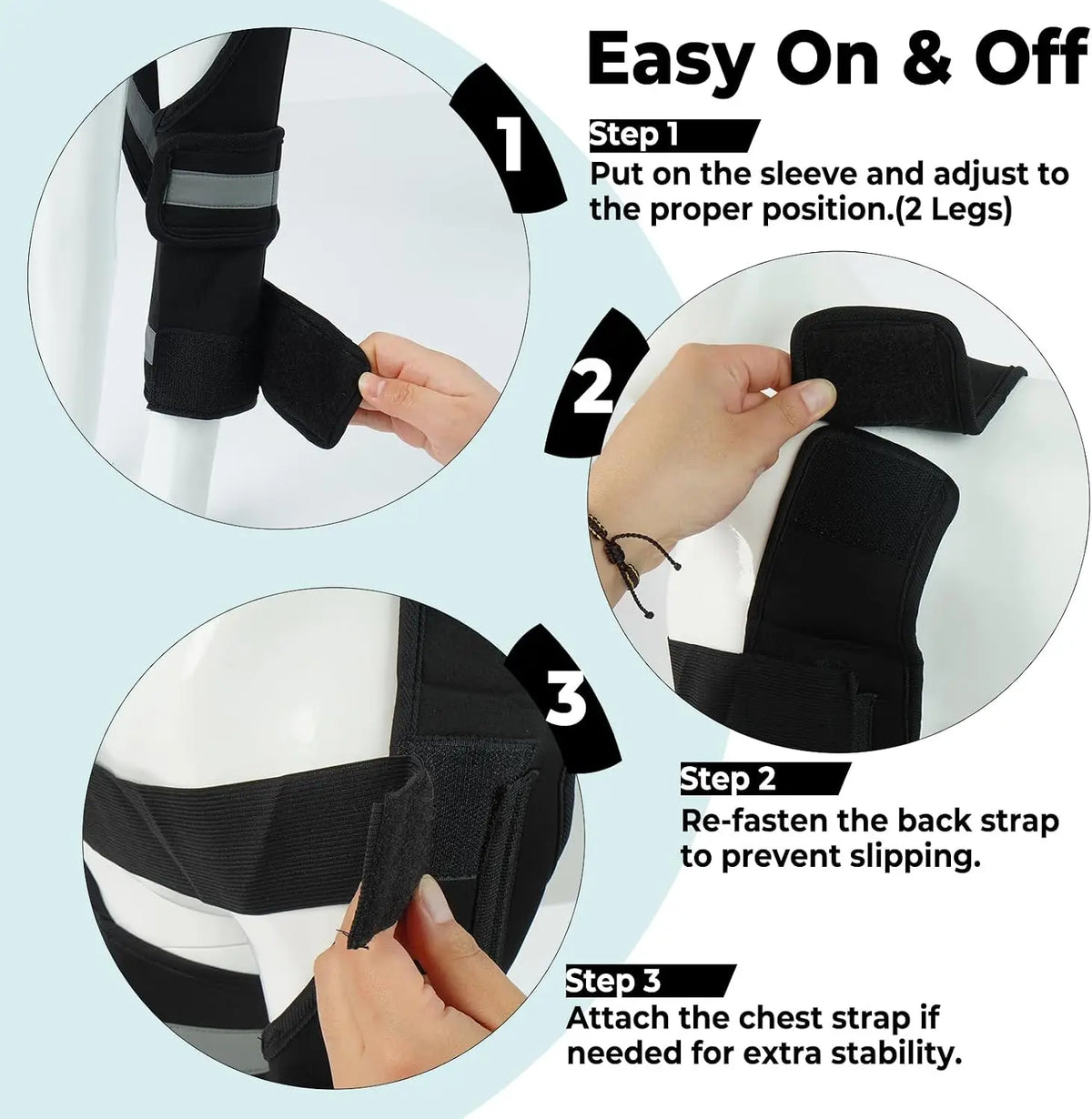 Instructions for putting on and adjusting an adjustable dog front leg brace with elbow support.